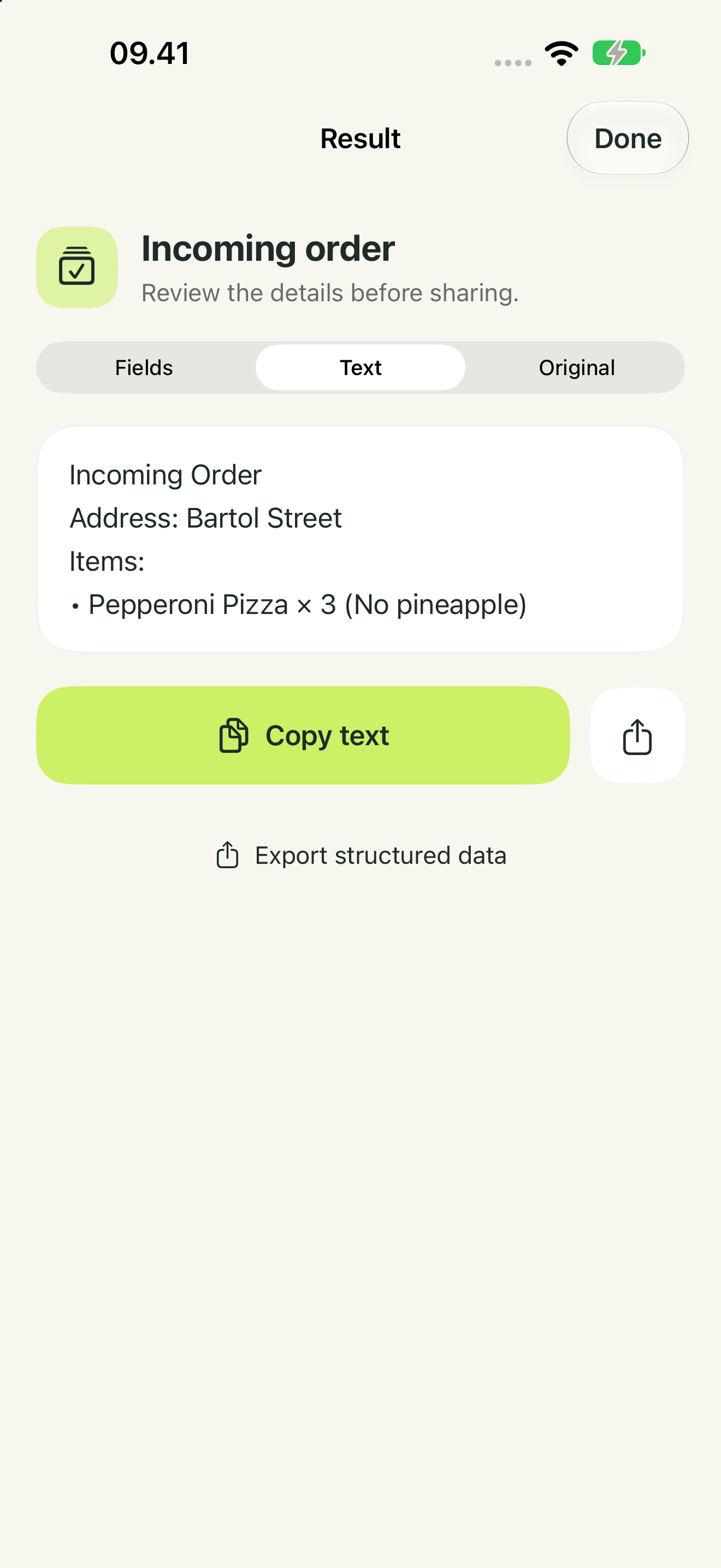 FormatIO's Text view shows an order for three Pepperoni Pizzas, with no pineapple, delivered to Bartol Street.